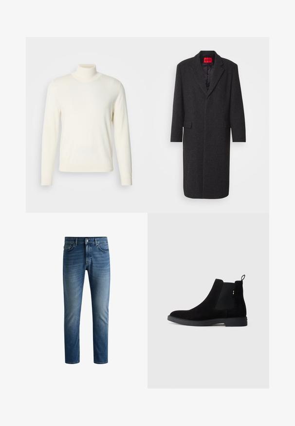 Schwarzer Wollmischungs-Mantel mit taillierter Silhouette, Reverskragen, zwei vorderen Taschen und glänzender Innenausstattung. Markenlabel sichtbar.; Cremfarbener Rollkragenpullover aus weichem Material, mit langen Ärmeln und figurbetonter Silhouette, ohne sichtbare Muster oder Verzierungen.; Dunkelblaue Jeans aus Denim mit geradem Schnitt, fünftaschen Design, leichter Verblassung auf den Oberschenkeln und einem einzelnen Knopfverschluss am Bund.; Schwarze Wildleder Chelsea-Boots mit elastischen seitlichen Einsätzen, runder Spitze und einer niedrigen Gummisohle. Mit einem Zugtab an der Rückseite für einfaches Anziehen.