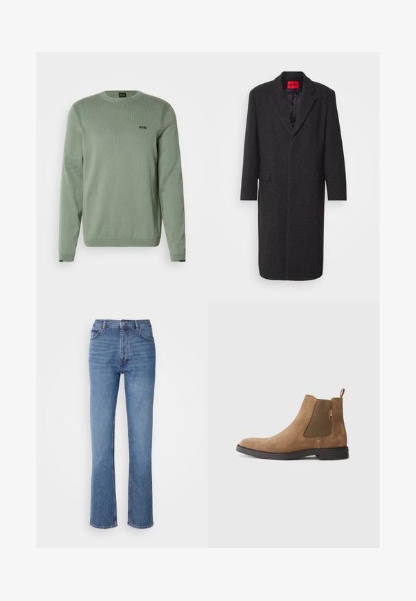 Schwarzer Wollmischungs-Mantel mit taillierter Silhouette, Reverskragen, zwei vorderen Taschen und glänzender Innenausstattung. Markenlabel sichtbar.; Hellgrüner Strickpullover mit langen Ärmeln, rundem Hals, gerippten Akzenten und schwarzem "BOSS"-Logo auf der Brust. Glatte Textur.; Blaue Denim-Jeans mit hoher Taille, geradem Bein und dezenter Ausbleichung. Verfügt über einen klassischen Fünf-Taschen-Stil und einen Reißverschluss.; Braune Wildleder Chelsea-Stiefel mit elastischen Seitenpaneelen und einer Schlaufe. Verfügt über eine runde Zehenpartie und eine flache Gummisohle für Stabilität.