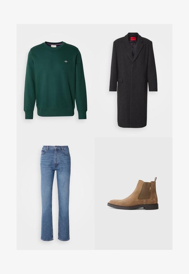 Čierny kabát z vlnenej zmesi s upraveným strihom, s klopovým golierom, dvoma prednými vreckami a lesklou podšívkou. Viditeľná značka.; Zelená mikina vyrobená z mäkkej tkaniny, s okrúhlym výstrihom a dlhými rukávmi. Malé vyšívané logo na hrudi. Elastické manžety a lem.; Modré denimové džínsy s vysokým pásom, rovnými nohavicami a jemným vyblednutím. Majú klasický strih s piatimi vreckami a zapínanie na zips.; Hnedé semišové Chelsea topánky s elastickými bočnými panelmi a pútkom. Majú zaoblenú špicu a plochú gumovú podrážku pre stabilitu.