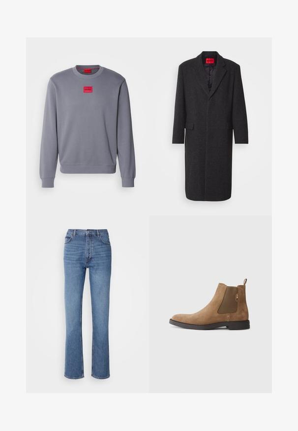 Abrigo de mezcla de lana negra con una silueta ajustada, solapas de muesca, dos bolsillos frontales y un forro interior brillante. Etiqueta de la marca visible.; Sudadera gris hecha de un tejido suave con un cuello redondo, que presenta un parche rectangular rojo con el logo "HUGO" en el pecho. Puños y dobladillo acanalados.; Jeans de mezclilla azul con cintura alta, diseño de pierna recta y un ligero desgaste. Presentan un estilo clásico de cinco bolsillos y un cierre de cremallera.; Botín Chelsea de ante marrón con paneles elásticos en los laterales y una pestaña para facilitar el calzado. Presenta una punta redonda y una suela de goma plana para mayor estabilidad.