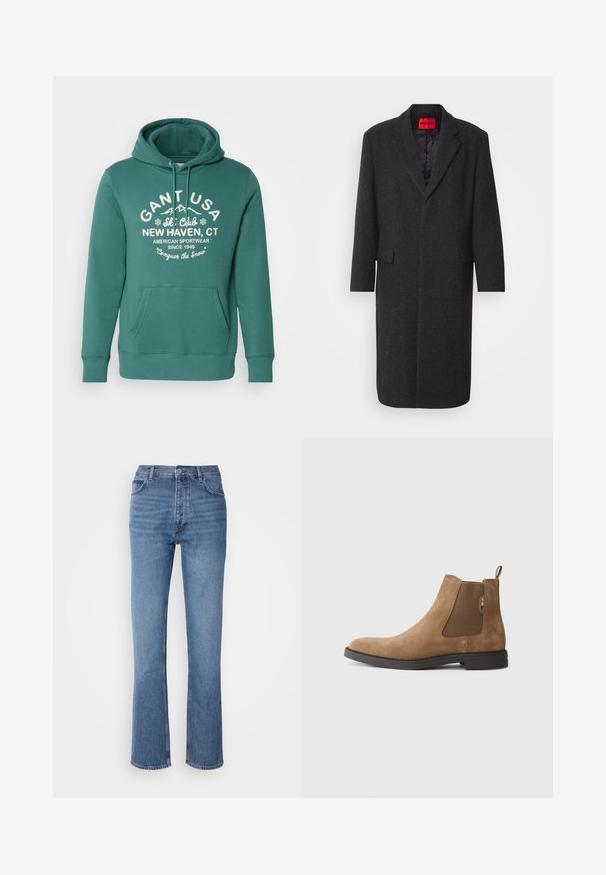 Abrigo de mezcla de lana negra con una silueta ajustada, solapas de muesca, dos bolsillos frontales y un forro interior brillante. Etiqueta de la marca visible.; Sudadera verde hecha de material suave, con un bolsillo frontal, capucha con cordones y texto en blanco con el logo y detalles del club de esquí.; Jeans de mezclilla azul con cintura alta, diseño de pierna recta y un ligero desgaste. Presentan un estilo clásico de cinco bolsillos y un cierre de cremallera.; Botín Chelsea de ante marrón con paneles elásticos en los laterales y una pestaña para facilitar el calzado. Presenta una punta redonda y una suela de goma plana para mayor estabilidad.