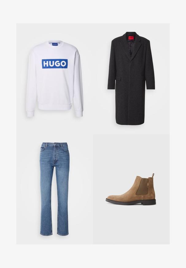Abrigo de mezcla de lana negra con una silueta ajustada, solapas de muesca, dos bolsillos frontales y un forro interior brillante. Etiqueta de la marca visible.; Sudadera blanca de manga larga, con un gran logotipo rectangular azul que dice "HUGO" en letras mayúsculas blancas en el pecho.; Jeans de mezclilla azul con cintura alta, diseño de pierna recta y un ligero desgaste. Presentan un estilo clásico de cinco bolsillos y un cierre de cremallera.; Botín Chelsea de ante marrón con paneles elásticos en los laterales y una pestaña para facilitar el calzado. Presenta una punta redonda y una suela de goma plana para mayor estabilidad.
