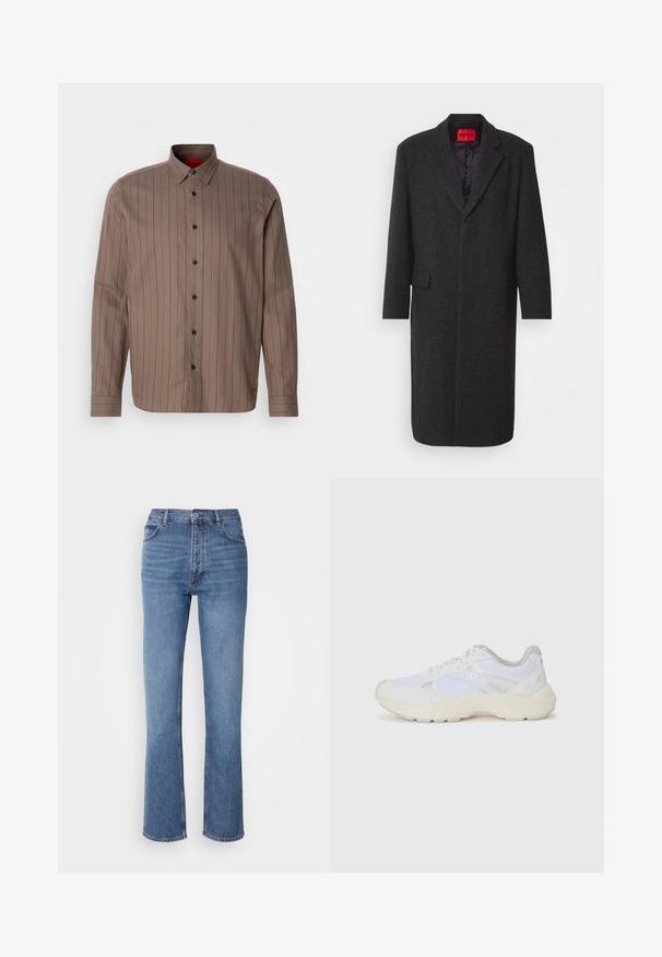 Fekete gyapjú keverék kabát, amely megfelelően szabott sziluettel, kifordított hajtókákkal, két elülső zsebbel és fényes belső béléssel rendelkezik. Márkájának címkéje látható.; Barna gombos ing függőleges sötétvörös csíkokkal, pamut keverék anyagból, hegyes gallérral, hosszú ujjakkal és fekete gombokkal.; Kék farmernadrág magas derékkal, egyenes szabású dizájnnal és enyhe kopással. Jellemzője az klasszikus öt zsebes kialakítás és cipzáras zárás.; Fehér sportcipők, amelyek hálós és velúr anyagból készültek, texturált középtalppal, texturált részletekkel és a "HUGO" logóval az oldalon.