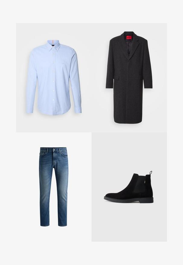 Juodas vilnos mišinio paltas su pritaikytu siluetu, išpjautomis apykaklėmis, dviem priekinėmis kišenėmis ir blizgiu interjero pamušalu. Matoma prekės ženklo etiketė.; Šviesiai mėlyna ilgomis rankovėmis marškinėlių su sagomis, pagamintų iš medvilnės, su smailiu apykakle, subtiliu logotipo siuvinėjimu ir klasikiniu sagų dizainu.; Tamsiai mėlynos džinsinės kelnės su tiesiu puošu, penkių kišenių dizainu, šviesiu blukimu šlaunų srityje ir vienu mygtuko užsegimu liemens srityje.; Juodos zomšinės Chelsea botai su elastingais šonais, apvalia nosimi ir žemu guminiu padu. Yra kilpos užpakalyje, kad būtų lengva apsiauti.
