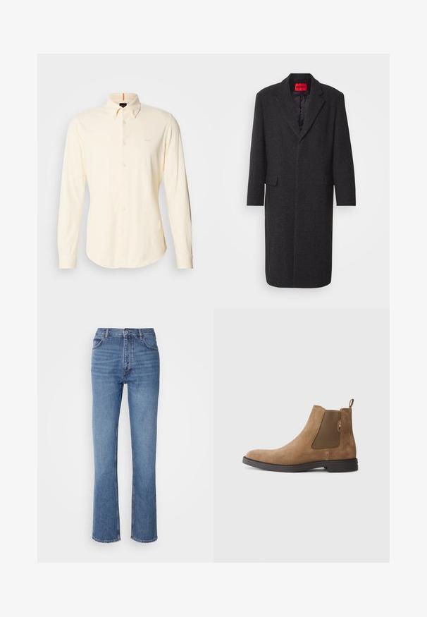 Cappotto in misto lana nero con silhouette sartoriale, revers a punta, due tasche frontali e rivestimento interno lucido. Etichetta del marchio visibile.; Camicia a maniche lunghe, con bottoni, in cotone beige chiaro; presenta un colletto classico e un piccolo logo sul petto a sinistra.; Jeans in denim blu con vita alta, design a gamba dritta e leggera sbiaditura. Presentano il classico stile a cinque tasche e chiusura con zip.; Stivale Chelsea in suede marrone con pannelli elastici laterali e un pull tab. Presenta una punta arrotondata e una suola piatta in gomma per stabilità.