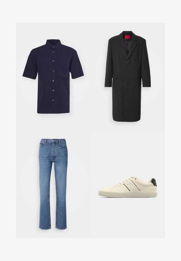 Mustapilkkutakkia, jossa on muotoiltu siluetti, lovetut kaulukset, kaksi etutaskua ja kiiltävä sisävuori. Brändilogo näkyvissä.; Tummansinisestä lyhythihaisesta paidasta, joka on valmistettu sileästä kankaasta. Ominaisuuksiin kuuluu klassinen kaulus, napitus edessä ja rintatasku.; Siniset farkut korkealla vyötäröllä, suoralla lahkeella ja hienovaraisella kulutuksella. Ominaisuuksiin kuuluu klassinen viiden taskun tyyli ja vetoketjukiinnitys.; Kermanväriset tennarit, joissa on sileä pinta, mustilla yksityiskohdilla ja brändäyksellä. Klassinen nauhoilla suljettava malli, pyöreä kärki ja kumipohja.