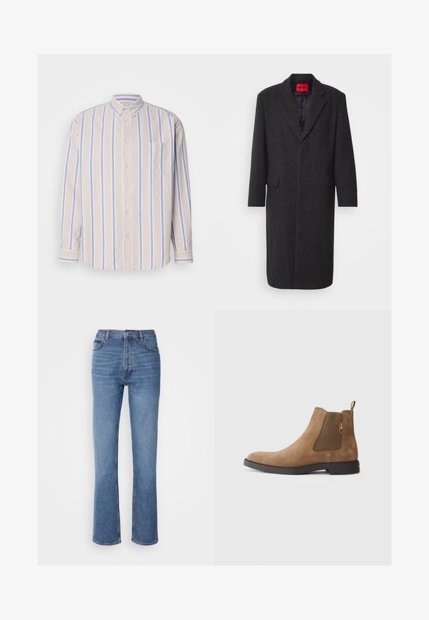 Cappotto in misto lana nero con silhouette sartoriale, revers a punta, due tasche frontali e rivestimento interno lucido. Etichetta del marchio visibile.; Camicia a bottoni in morbido cotone, presenta righe verticali beige e azzurro chiaro, maniche lunghe e una tasca sul petto.; Jeans in denim blu con vita alta, design a gamba dritta e leggera sbiaditura. Presentano il classico stile a cinque tasche e chiusura con zip.; Stivale Chelsea in suede marrone con pannelli elastici laterali e un pull tab. Presenta una punta arrotondata e una suola piatta in gomma per stabilità.