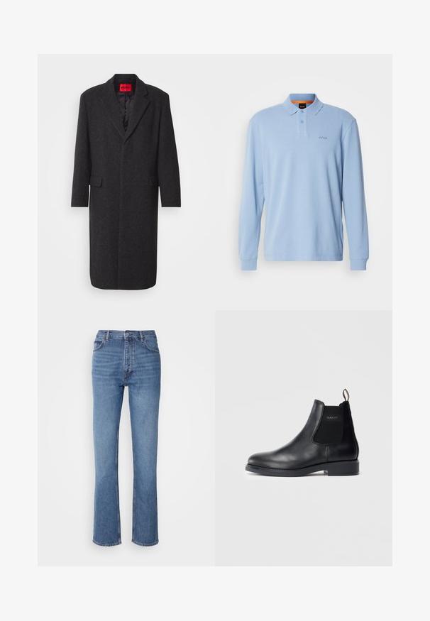 Cappotto in misto lana nero con silhouette sartoriale, revers a punta, due tasche frontali e rivestimento interno lucido. Etichetta del marchio visibile.; Polo a maniche lunghe di colore blu chiaro in tessuto texturizzato con colletto e apertura a due bottoni, con logo "BOSS" ricamato sul petto.; Jeans in denim blu con vita alta, design a gamba dritta e leggera sbiaditura. Presentano il classico stile a cinque tasche e chiusura con zip.; Stivale Chelsea in pelle nera con pannelli elastici laterali, tacco basso, linguetta sul tallone e logo GANT sul pannello laterale esterno.