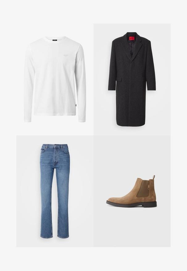 Schwarzer Wollmischungs-Mantel mit taillierter Silhouette, Reverskragen, zwei vorderen Taschen und glänzender Innenausstattung. Markenlabel sichtbar.; Weißes Langarm-T-Shirt aus Baumwolle, mit rundem Halsausschnitt, weicher Textur und dezentem Logo auf der Brust. Einfaches, klassisches Design.; Blaue Denim-Jeans mit hoher Taille, geradem Bein und dezenter Ausbleichung. Verfügt über einen klassischen Fünf-Taschen-Stil und einen Reißverschluss.; Braune Wildleder Chelsea-Stiefel mit elastischen Seitenpaneelen und einer Schlaufe. Verfügt über eine runde Zehenpartie und eine flache Gummisohle für Stabilität.