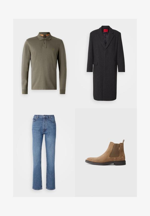 Schwarzer Wollmischungs-Mantel mit taillierter Silhouette, Reverskragen, zwei vorderen Taschen und glänzender Innenausstattung. Markenlabel sichtbar.; Langärmliges olivgrünes Polohemd aus weicher Baumwolle, mit klassischem Kragen, zwei Knopfverschluss und einem geprägten Logopatch.; Blaue Denim-Jeans mit hoher Taille, geradem Bein und dezenter Ausbleichung. Verfügt über einen klassischen Fünf-Taschen-Stil und einen Reißverschluss.; Braune Wildleder Chelsea-Stiefel mit elastischen Seitenpaneelen und einer Schlaufe. Verfügt über eine runde Zehenpartie und eine flache Gummisohle für Stabilität.