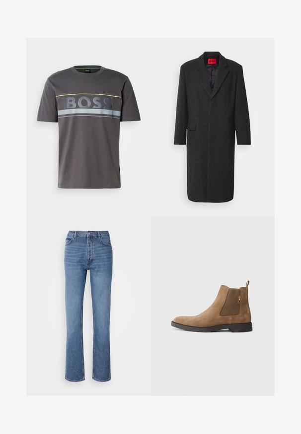Fekete gyapjú keverék kabát, amely megfelelően szabott sziluettel, kifordított hajtókákkal, két elülső zsebbel és fényes belső béléssel rendelkezik. Márkájának címkéje látható.; Szürke pamut póló kerek nyakkal. Nagy "BOSS" logóval rendelkezik sötétszürke színben, sárga és kék vízszintes csíkozással kiemelve.; Kék farmernadrág magas derékkal, egyenes szabású dizájnnal és enyhe kopással. Jellemzője az klasszikus öt zsebes kialakítás és cipzáras zárás.; Barna velúr Chelsea csizma, elasztikus oldalsó panelek és húzófül jellemzi. Kerek orrú és sík gumi talppal rendelkezik a stabilitás érdekében.