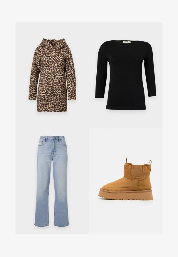 Leopard print coat with a pointed collar, long sleeves, and an open front design. Made of a textured fabric in shades of brown and black.; Black long-sleeve cotton top featuring a boat neckline and a fitted shape. Smooth texture with a subtle sheen, no distinct patterns or accents.; Light blue denim jeans with a straight leg shape, five pockets, a button and zipper fly, and subtle fading details on the fabric.; Brown suede ankle boot with a textured upper, elastic side panels, and a thick rubber sole featuring a pronounced tread pattern.