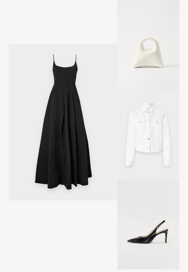 Giubbotto in denim bianco con colletto, maniche lunghe, due tasche sul petto e bottoni argentati, caratterizzato da una vestibilità aderente e una texture liscia.; Abito nero senza maniche con corpetto aderente e gonna fluida a forma A. Realizzato in tessuto morbido, presenta una silhouette classica e un design minimal.; Pumps slingback in pelle verniciata nera con punta affilata, tacco sottile e un design con ritagli delicati. Caratterizzate da una fibbia dorata sul cinturino.; Borsa bianca con un design curvo e texture. Presenta un manico prominente e un fondo arrotondato, con una finitura liscia e hardware minimale.