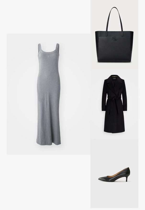 Juodas vilnonis paltas, turintis išpjautą apykaklę, ilgomis rankovėmis, su diržu juosmenyje ir tiesia siluetu. Lygus paviršius be raštų.; Pilkas be rankovių maksimekstas, pagamintas iš minkštos, tamprios medžiagos. Yra apvalus iškirpimas ir prigludusi siluetas, besitęsiantis iki kulkšnies ilgio.; Juodos odinės aukštakulnės bateliai su smailiu nosiu, žemu kulnu ir lygiu paviršiumi. Priekyje yra nedidelis atvirumas, o gale minimalus apdaila.; Juodas odinis pirkinių krepšys su tekstūruotu paviršiumi, dviem rankenomis ir išspaustu "RL" logotipu priekyje. Stačiakampio formos, minimalistinio dizaino.