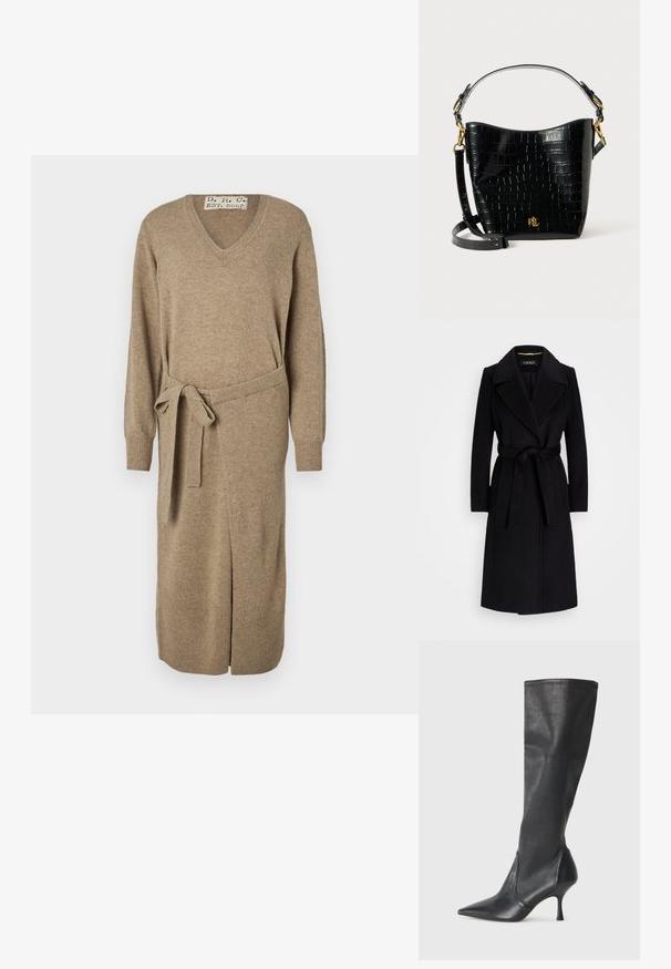 Palton negru din lână, cu rever ascuțit, mâneci lungi, talie cu curea și siluetă dreaptă. Textură netedă, fără modele.; Rochie tricotată bej cu decolteu în V, mâneci lungi, talie evidențiată cu curea și o fante. Confecționată dintr-un material moale, cu tivuri și manșete ribanate.; Botine din piele neagră, până la genunchi, cu vârf ascuțit și toc subțire stiletto. Textură netedă, cu un design ajustat și cusături la marginea superioară.; Geantă din piele cu embossare croc neagră, cu o formă curbată, accente din metal aurit, curea ajustabilă și un detaliu cu logo în față.