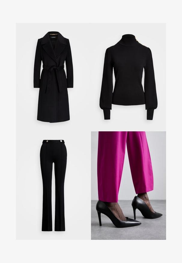 Crni vuneni kaput s prorezaima na reverima, dugim rukavima, pojasom u struku i ravnim siluetom. Glatka tekstura bez uzoraka.; Crni pulover s visokim ovratnikom, rebrastom teksturom, napuhanim rukavima, prilagođenim krojem i zlatnim dugmadima na ramenu.; Crne široke hlače od rastezljivog materijala, s visokim strukom, dva prednja džepa i srebrnim gumbima na struku.; Crne cipele na visokom petu s dizajnom šiljastog prsta i glatkom kožnom teksturom. Uparene s živopisnim ružičastim, krojenim hlačama.