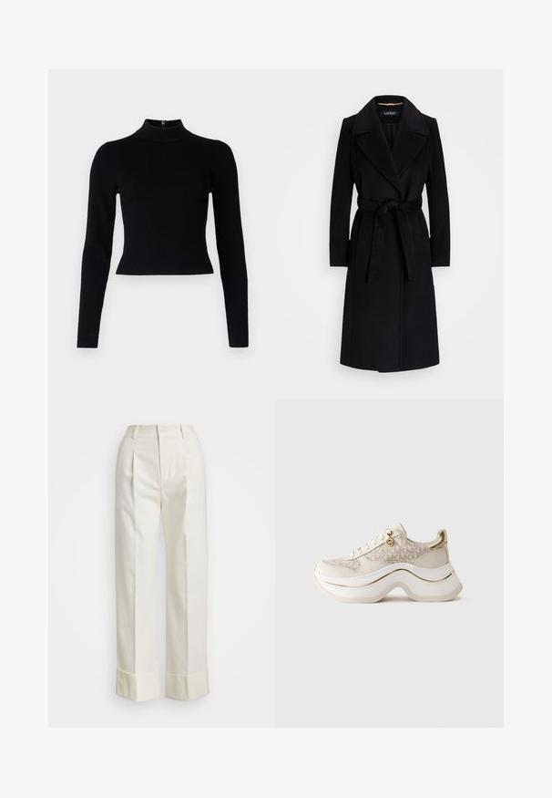 Manteau en laine noir avec un col cranté, des manches longues, une taille ceinturée et une silhouette droite. Texture lisse sans motifs.; Pull-over noir à col roulé côtelé avec des manches longues et une silhouette ajustée, présentant une texture lisse et un zip au dos.; Pantalons blancs ajustés au taille haute, avec de doubles plis devant et des jambes larges à ourlets repliés. Fabriqués en un tissu lisse et texturé.; Baskets compensées beige et dorées avec un motif "MK", à lacets à l'avant, un charm doré et une semelle épaisse et ondulée sur fond uni.