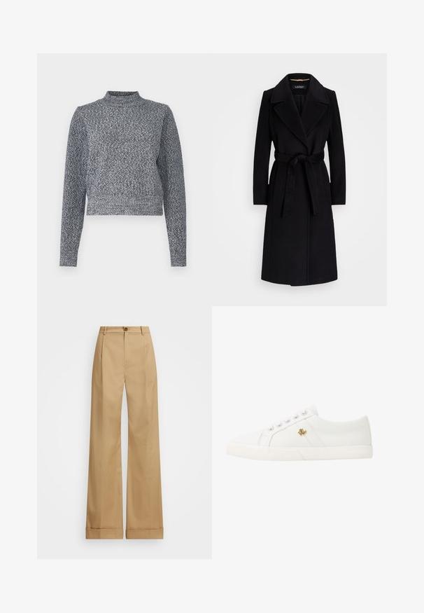 Zwarte wollen jas met een geknipte revers, lange mouwen, een ceintuur in de taille en een rechte silhoeët. Gladde textuur zonder patronen.; Marineblauwe en witte gebreide trui met een hoge halslijn, lange mouwen en een cropped fit; heeft een gestructureerd, gespikkeld ontwerp.; Zwart poloshirt van gestructureerde stof, met een kraag, korte mouwen en een knopenlijst met gouden knopen. Subtiel logodetail op de borst.; Beige wijde broek met een knoopsluiting, voorzien van een soepele textuur en persplooien. Met afgeronde zoom voor extra detail.; Lauren Ralph Lauren JANSON II CANVAS SNEAKER - Sneakers laag - optic white