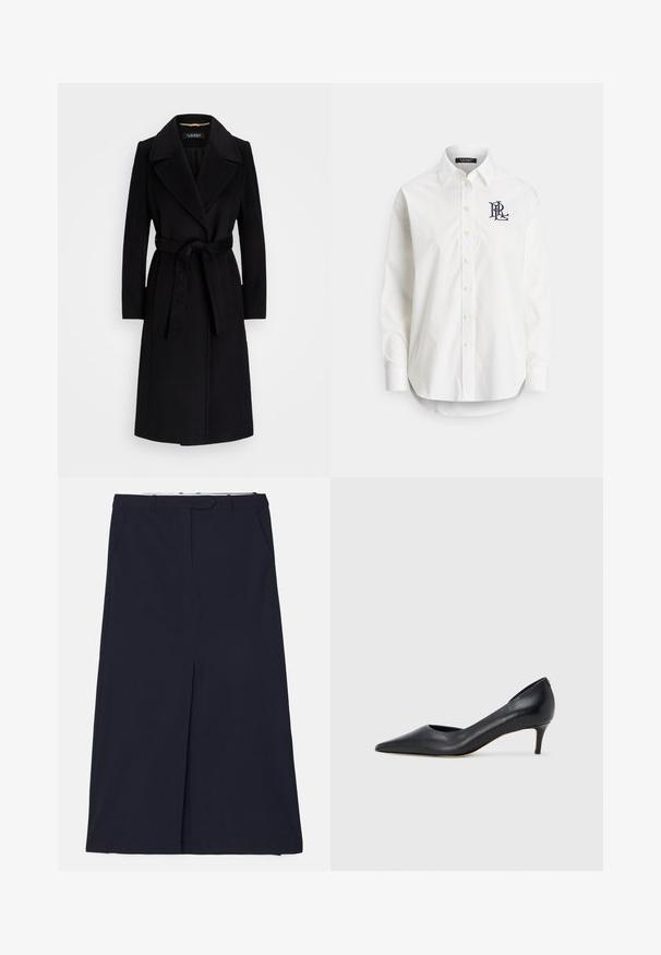 Mustahakkopäinen musta villatakki, jossa on kauluspanta, pitkät hihat, vyötäröläpinä ja suora siluetti. Pehmeä pinta ilman kuvioita.; Valkoinen puuvillainen nappipaita, jossa on pitkät hihat, terävä kaulus ja vasemmassa rinnassa tummansininen kirjailtu logo. Alareunassa pyöristetty helma.; DESIGNERS REMIX SCOTT LONG SKIRT - Maksihame - navy; Musta nahkainen avokärkinen korkokenkä, jossa on matala korko. Kenkä on sileäpintainen ja siinä on himmeä kiilto. Edessä on avoin leikkaus, joka lisää yksityiskohtaisuutta.