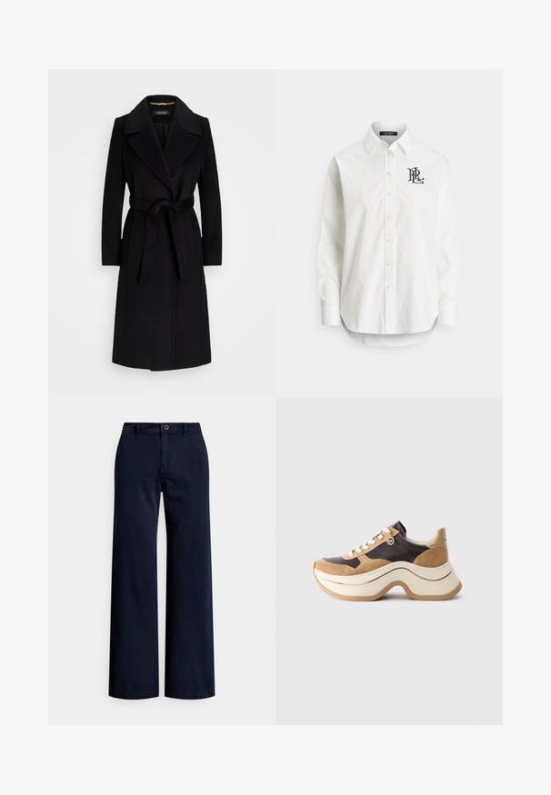 Melnā vilnas manta ar izgrieztām atlokām, garām piedurknēm, jostu vidusdaļā un taisnu siluetu. Gluda tekstūra bez rakstiem.; Balta kokvilnas krekla ar garām piedurknēm, smailu apkakli un tumši zilā krāsā izšūtu logo uz kreisā krūtīm. Apļa formas apakšmala.; Platasnāku tumši zilu kokvilnas bikses ar platajām kājām, priekšā ar pogu aizdari, ar jostas cilpām un gludu, teksturētu virsmu.; Biezie chunky zābaki ar tumši brūni akcentiem, zamšādas detaļām, baltām šņorēm un nelielu zelta MK piekariņu sānos.