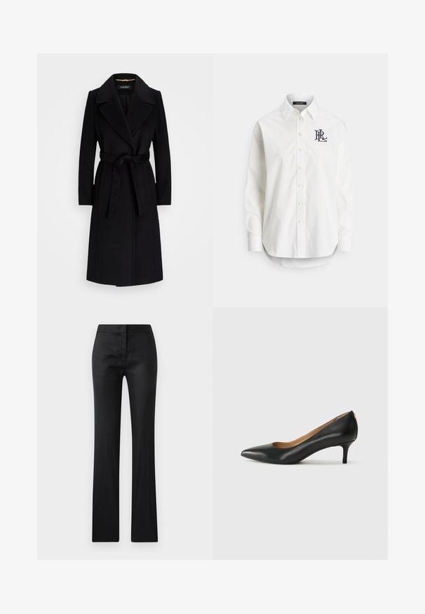 Must musta mantel, millel on järjekohaga krae, pikad varrukad, vöödiga talje ja sirge siluett. Sile tekstuur ilma mustriteta.; Valge puuvillane pikalõikelise varrukaga triiksärk, millel on terav krae ja vasakul rinnal tumesinine tikandiga logo. Allosas ümar lõige.; Mustad, kõrge vöökoht, sileda tekstuuriga ja veidi läikiv, sirge säärega püksid. Ilma nähtavate detailide või mustriteta.; Must musta musta, millel on terav nina, madal konts ja sile tekstuur. Omab pisut avatud osa ees ja minimaalset riistvara taga.