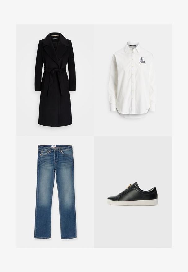 Melnā vilnas manta ar izgrieztām atlokām, garām piedurknēm, jostu vidusdaļā un taisnu siluetu. Gluda tekstūra bez rakstiem.; Balta kokvilnas krekla ar garām piedurknēm, smailu apkakli un tumši zilā krāsā izšūtu logo uz kreisā krūtīm. Apļa formas apakšmala.; RE/DONE THE ANDERSON - Džinsi ar taisnām starām - ladysmith; Melnas ādas slīdētājzābaki ar izceltiem šuvēm, sudraba aparatūras detaļām augšpusē un baltu gumijas zoli ar izceltiem zīmola elementiem.