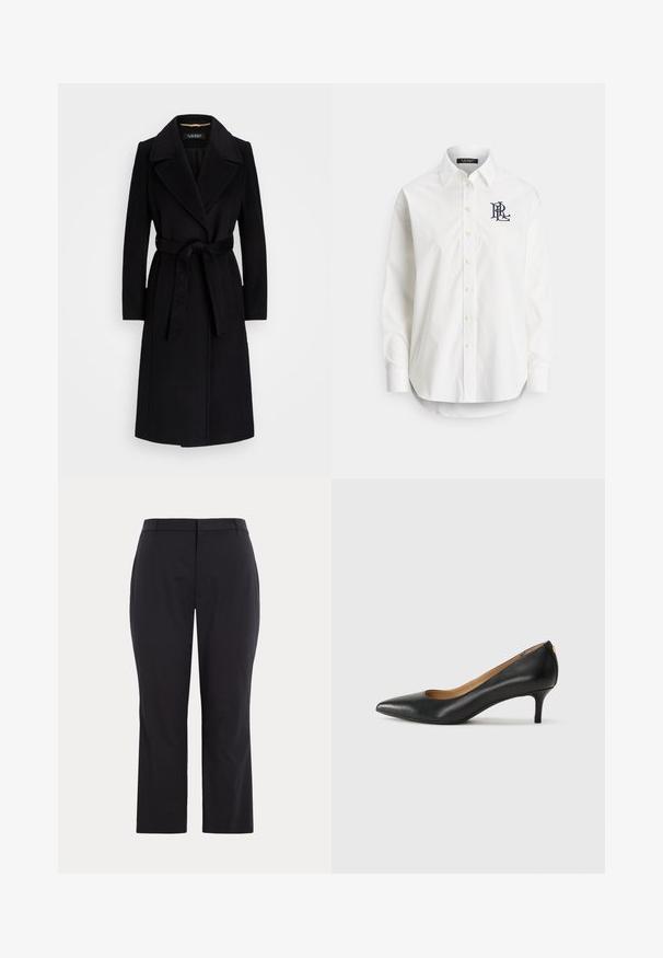 Must musta mantel, millel on järjekohaga krae, pikad varrukad, vöödiga talje ja sirge siluett. Sile tekstuur ilma mustriteta.; Valge puuvillane pikalõikelise varrukaga triiksärk, millel on terav krae ja vasakul rinnal tumesinine tikandiga logo. Allosas ümar lõige.; Mustad püksid loge lõikega, sujuva kangaga, keskmise kõrgusega piha ja sirge säärega. Ilma nähtavate taskute või kaunistusteta.; Must musta musta, millel on terav nina, madal konts ja sile tekstuur. Omab pisut avatud osa ees ja minimaalset riistvara taga.