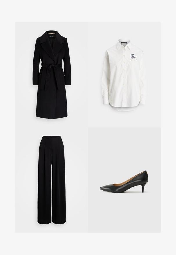 Casaco preto de lã com lapela de pico, mangas longas, cintura cingida por um cinto e silhueta reta. Textura suave sem padrões.; Camisa branca de botões em algodão com mangas compridas, gola pontiaguda e um logótipo azul-marinho bordado no peito esquerdo. Bainha arredondada na parte inferior.; Calças pretas de perna larga com uma cintura alta, apresentando uma pregnação frontal, passantes para cinto e um fecho com um único botão. Material liso sem padrões.; Sapato de salto alto em pele preta com bico fino, salto baixo e textura suave. Apresenta uma ligeira abertura na parte da frente e mínima ferragem na parte de trás.