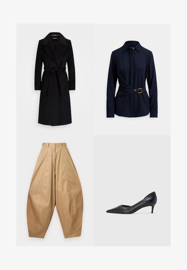 Cappotto di lana nera con rever a scollo, maniche lunghe, vita con cintura e silhouette dritta. Texture liscia senza pattern.; Camicia a maniche lunghe blu navy con collo a camicia, design frontale twist e cintura nera con fibbia dorata e dettagli borchiati. Tessuto dalla texture morbida.; Pantaloni beige a vita alta e gamba larga, con pieghe, passanti per cintura e orli svasati, esposti su uno sfondo bianco.; Décolleté in pelle nera con punta affusolata e tacco basso. Presenta una texture liscia e una lucentezza sottile. Taglio aperto sulla parte anteriore per un dettaglio aggiuntivo.