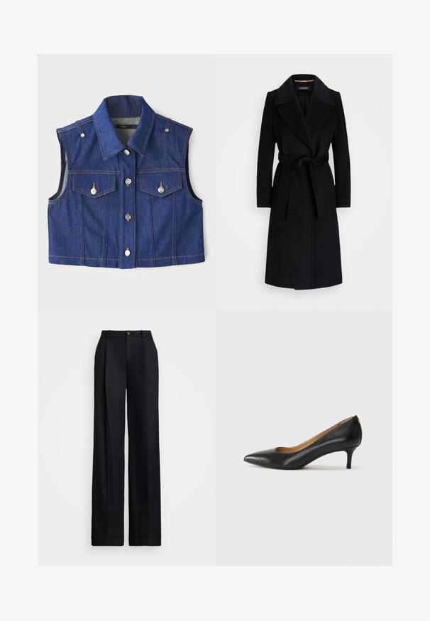 Czarny wełniany płaszcz z wykładanym kołnierzem, długimi rękawami, paskiem w talii oraz prostą sylwetką. Gładka tekstura bez wzorów.; Niebieska dżinsowa kamizelka bez rękawów z wywiniętym kołnierzykiem, metalowymi zatrzaskami, podwójnymi kieszeniami na piersi oraz kontrastującymi pomarańczowymi szwami.; Czarne spodnie wide-leg z gładkim wykończeniem, płaskim przodem, szlufkami na pasek i pojedynczym zapięciem na guzik w talii.; Czarne skórzane szpilki z wąskim noskiem, niskim obcasem i gładką fakturą. Posiadają lekko otwarte przody i minimalne okucia z tyłu.