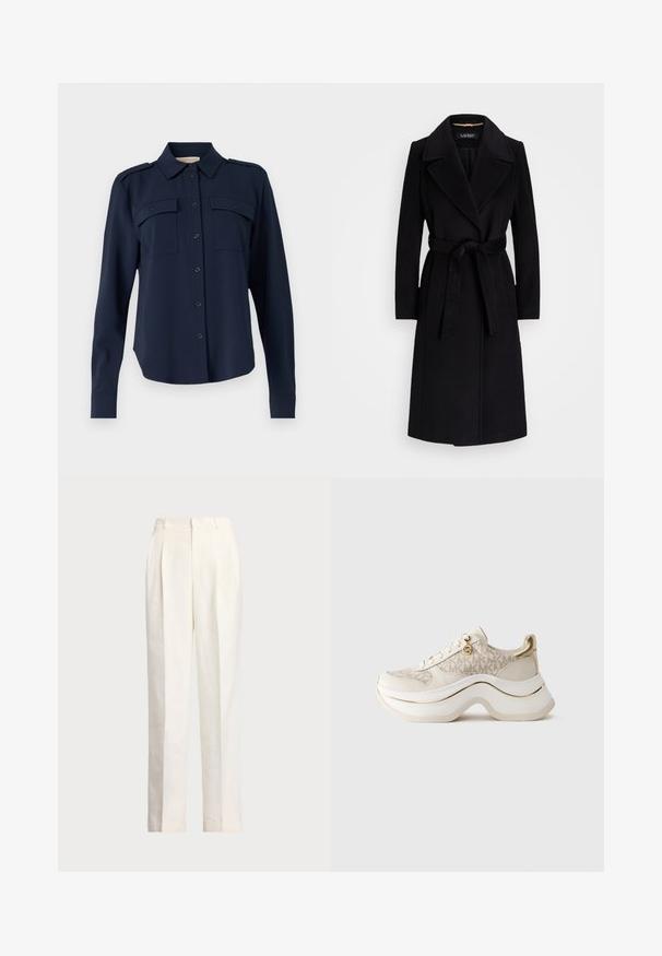 Black wool coat featuring a notched lapel, long sleeves, a belted waist, and a straight silhouette. Smooth texture with no patterns.; Navy blue button-up shirt made of soft fabric. Features two chest pockets, shoulder epaulets, and long sleeves with buttoned cuffs.; Polo Ralph Lauren HEMP WIDE LEG PANT - Trousers - nevis; Beige and gold platform sneaker with "MK" pattern, lace-up front, gold charm, and thick wavy sole against plain background.