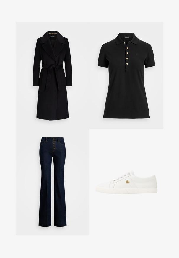 Čierny vlnený kabát s vykrojeným golierom, dlhými rukávmi, pásom a rovnou siluetou. Hladký povrch bez vzorov.; Čierna polo košeľa vyrobená z hladkej bavlnenej látky, s golierom, krátkymi rukávmi a zlatými gombíkmi pozdĺž zapínania. Malý logotyp na hrudi.; Džínsové nohavice s vysokým pásom a rozšírenými nohavicami v tmavej denimovej farbe, so zapínaním na päť gombíkov, kontrastným žltým prešívaním a hladkou textúrou.; Lauren Ralph Lauren JANSON II CANVAS SNEAKER - Tenisky - optic white