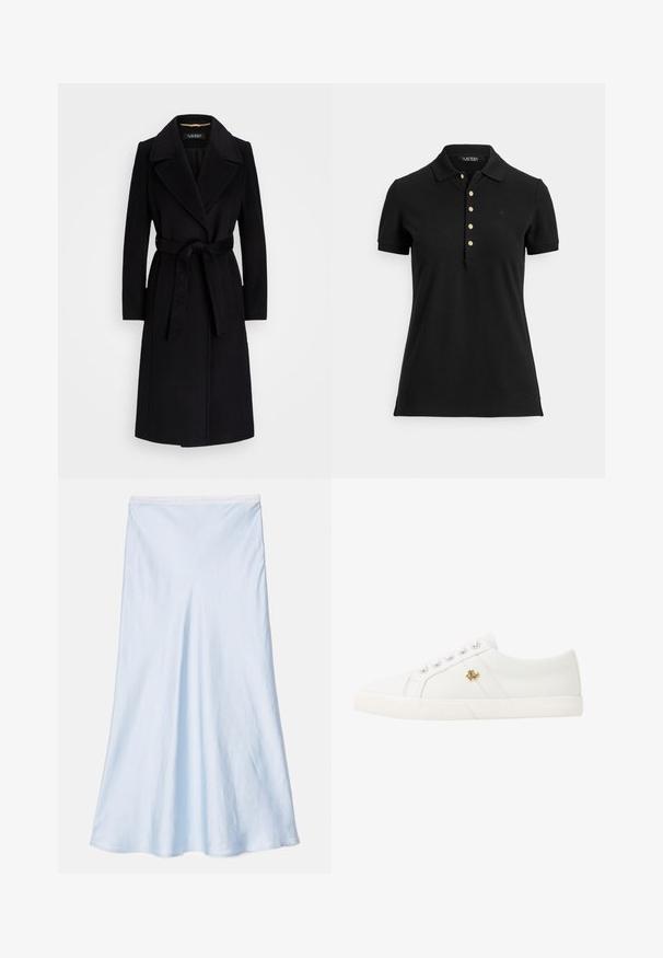 Crni vuneni kaput s prorezaima na reverima, dugim rukavima, pojasom u struku i ravnim siluetom. Glatka tekstura bez uzoraka.; Crna polo majica od teksturiranog tkanja, s ovratnikom, kratkim rukavima i preklopom s zlatnim gumbima. Diskretan logo na prsima.; sandro SKYN - Suknja A kroja - bleu ciel; Lauren Ralph Lauren JANSON II CANVAS SNEAKER - Tenisice - optic white