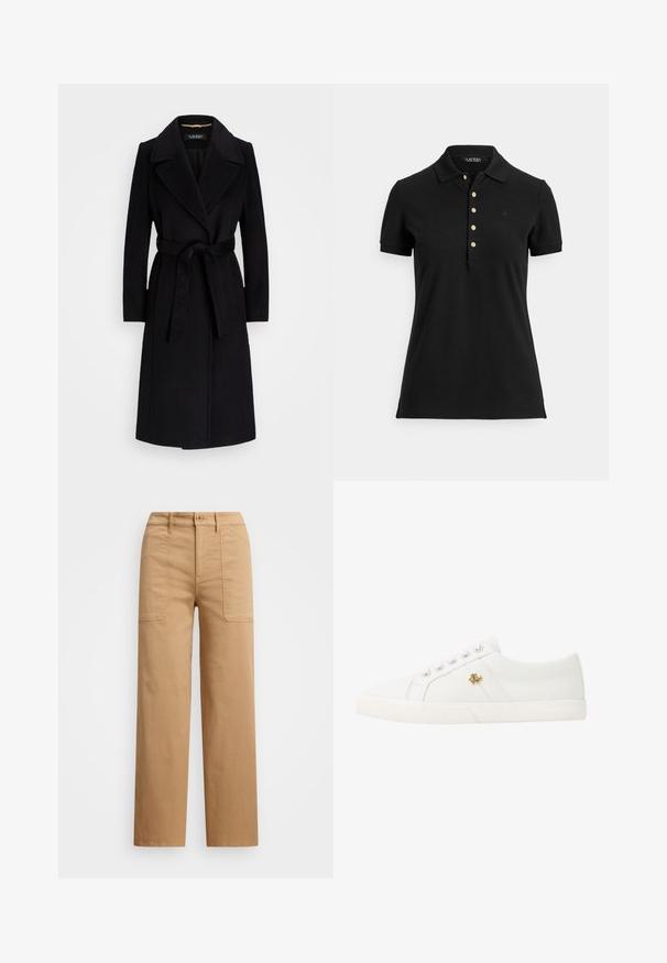 Črna volnena plašča z izrezanimi reverji, dolgimi rokavi, pasom z bretele in ravno silhueto. Gladka tekstura brez vzorcev.; Črna polo majica iz teksturiranega blaga, s ovratnikom, kratkimi rokavi in zapiralom z zlatimi gumbi. Diskreten logotip na prsih.; Bež ženske bombažne hlače s straight fit krojem, z gumbom za zapiranje, sprednjimi žepi in vidnimi šivi.; Lauren Ralph Lauren JANSON II CANVAS SNEAKER - Športni copati - optic white