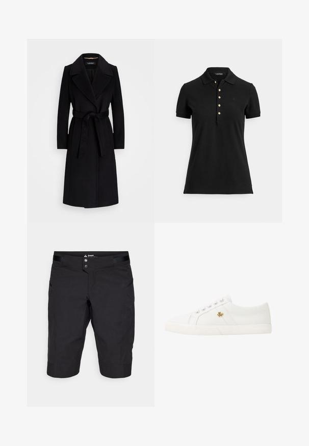 Juodas vilnonis paltas, turintis išpjautą apykaklę, ilgomis rankovėmis, su diržu juosmenyje ir tiesia siluetu. Lygus paviršius be raštų.; Juoda polo marškinėliai iš tekstūruotos medžiagos, turintys apykaklę, trumpas rankoves ir apatinę dalį su auksiniais mygtukais. Švelnus logotipo detalė ant krūtinės.; Juodos šortai, pagaminti iš tvirto audinio, su mygtuko uždarymu, lygiu juosmeniu ir šoninėmis kišenėmis, pasižymintys švariu, minimalistiniu dizainu.; Lauren Ralph Lauren JANSON II CANVAS SNEAKER - Sportbačiai - optic white
