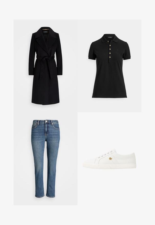 Svart ullrock med kammad krage, långa ärmar, midjebälte och rak silhuett. Slät textur utan mönster.; Svart pikétröja i texturerat tyg med krage, korta ärmar och en slits med guldfärgade knappar. Diskret logodetalj på bröstet.; Blå denimjeans med medelhög midja, slim fit, femfickorsdesign och synlig sömnad. Har knap och dragkedjestängning.; Lauren Ralph Lauren JANSON II CANVAS SNEAKER - Sneakers - optic white