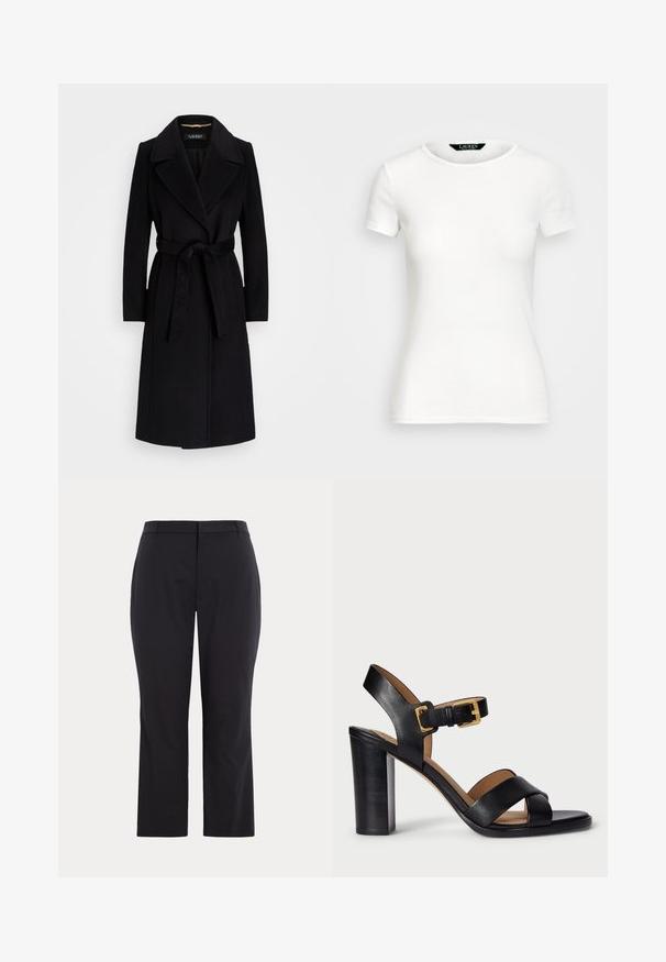 Juodas vilnonis paltas, turintis išpjautą apykaklę, ilgomis rankovėmis, su diržu juosmenyje ir tiesia siluetu. Lygus paviršius be raštų.; Baltos medvilnės marškinėliai trumpomis rankovėmis, apvaliu kaklu, prigludusio dizaino ir lygios tekstūros. Logo etiketė prie kaklo.; Juodos kelnės, pritaikytos pagal figūrą, pasižyminčios lygiu audiniu, vidutiniu juosmens aukščiu ir tiesiomis kojomis. Be matomų kišenių ar puošmenų.; Juodos odinės basutės su aukštu kulnu, su kryžminio dirželio dizainu ir sagties uždarymu. Su stambiu kulnu ir lygiu paviršiumi.