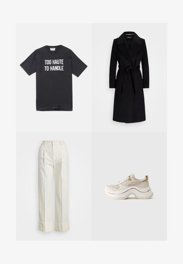 Čierny vlnený kabát s vykrojeným golierom, dlhými rukávmi, pásom a rovnou siluetou. Hladký povrch bez vzorov.; Čierne bavlnené tričko s krátkymi rukávmi a okrúhlym výstrihom, na prednej strane s bielym textom "TOO HAUTE TO HANDLE".; Biele sako nohavice s vysokým pásom, dvojitými prednými záhybmi a širokými nohavicami s prehnutými manžetami. Vyrobené z hladkej, textúrovanej látky.; Béžové a zlaté platformové tenisky s vzorom "MK", šnurovacie predné, zlatý prívesok a hrubá vlnitá podrážka na čistom pozadí.