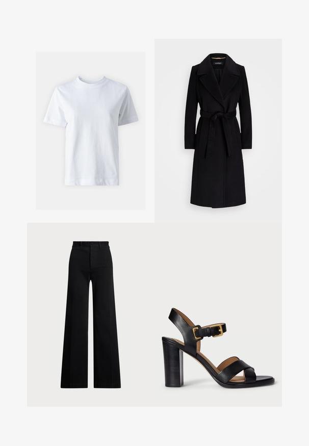 Crni vuneni kaput s prorezaima na reverima, dugim rukavima, pojasom u struku i ravnim siluetom. Glatka tekstura bez uzoraka.; Bjela pamučna majica s okruglim izrezom, kratkim rukavima, ravnim krojem i glatkom teksturom. Bez uzoraka ili ukrasa.; Crne hlače širokih nogavica izrađene od tkanine, s visokim strukom, prednjim kopčanjem na dugme i bočnim džepovima. Glatka tekstura s čistim linijama.; Crne kožne sandale s potpeticom s dizajnom s križanjem trakama i kopčanjem. Imaju debelu potpeticu i glatku teksturu.