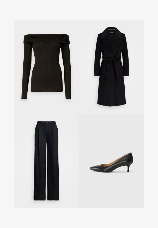 Sort uldfrakke med reverse, lange ærmer, belted talje og lige silhuet. Glat tekstur uden mønstre.; Sort off-the-shoulder langærmet top, lavet af et glat, let stof med let glans og draperet halsudskæring.; Sorte brede bukser med en glat overflade, flad front, bæltesløjfer og en enkelt knaplukning i taljen.; Sorte læderpumper med spids tå, lav hæl og en glat tekstur. Har en let åbning foran og minimal hardware bagpå.