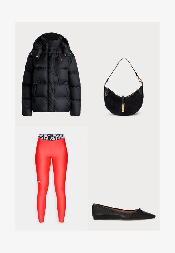 Zwarte pufferjack met een hoge kraag, afneembare capuchon, ritssluiting aan de voorkant, horizontale naden en een rood logo op de bovenlinkerzijde.; Breid een trui met een crèmekleurige basis, zwart en rode geometrische patronen, en een geribbelde kraag en manchetten. Zachte textuur met een losse pasvorm.; Rode legging gemaakt van een gladde, rekbare stof met een zwarte tailleband waarop "UNDER ARMOUR" in het wit staat. Klein logo op het onderbeen.; Zwarte leren balletschoenen met een spitse neus, slanke silhouet en een klein strikdetail aan de voorkant. Gladde textuur en minimalistisch ontwerp.; Zwarte handtas met een gebogen vorm, gemaakt van suede en leer, met een goudkleurige rits en een logodetail. Inclusief een korte handgreep.
