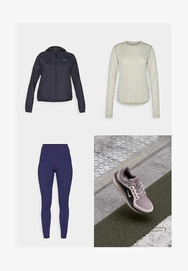 Leichter, navyblauer Windbreaker mit vollem Reißverschluss, Kapuze und Logo auf der oberen linken Brust. Glattes, wasserabweisendes Material.; Langärmliges, hellgrünes Hemd aus strukturiertem Stoff, mit Rundhalsausschnitt und kleinem Logo auf der linken Brustseite.; Marineblaue High-Waist-Leggings aus dehnbarem Stoff. Mit flachen Nähten und enger Passform, ausgestattet mit zwei seitlichen Taschen zur Aufbewahrung.; Hellblaues Sportschuh mit gestepptem Muster, schwarzen seitlichen Akzenten und weißem Logo. Verfügt über Schnürsenkel und eine gepolsterte Sohle für Komfort.