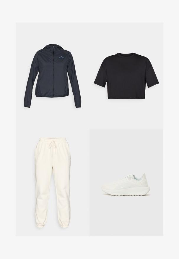 Lehká, námořnická modrá větrovka s plným zipem, kapucí a logem na horní levé části hrudi. Hladká, voděodolná tkanina.; Černé zkrácené tričko vyrobené z měkké látky, s kulatým výstřihem a krátkými širokými rukávy, s jednoduchým bezšvovým designem.; Krémové tepláky vyrobené z měkké látky, s elastickým pasem na šňůrku, bočními kapsami a zúženými manžetami na kotnících.; Bílé sportovní boty s texturovaným svrškem, polstrovaným límcem a šněrováním. Mají zakřivenou podešví a decentní branding na straně.