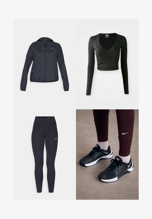 Lightweight, navy blue windbreaker jacket with a full zip, hood, and logo on the upper left chest. Smooth, water-resistant fabric.; Black long-sleeve cropped top with a deep V-neck, featuring a wrapped design and smooth, stretchy fabric. Clean, minimalist style.; Black leggings with a high waistband, made from stretchy fabric, featuring a small white logo on the thigh and smooth texture.; Black athletic shoes with a textured upper and white accents, featuring laces and a side logo. Worn with maroon leggings and light socks.