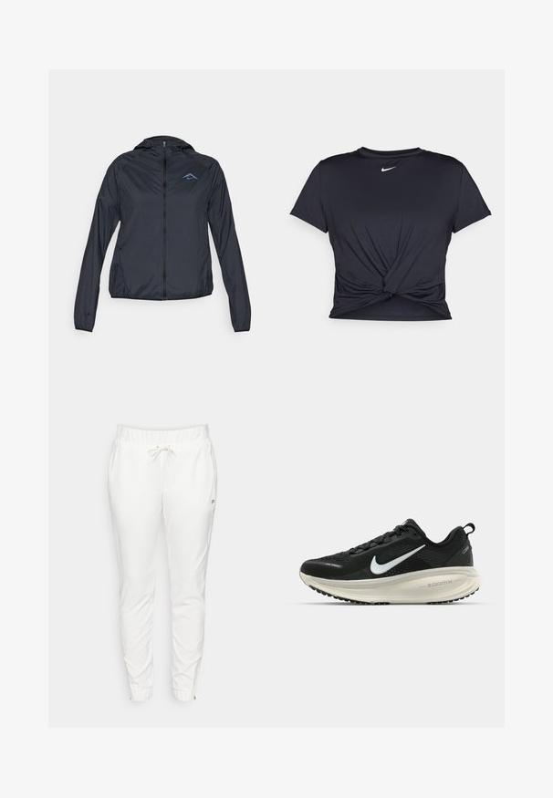 Lightweight, navy blue windbreaker jacket with a full zip, hood, and logo on the upper left chest. Smooth, water-resistant fabric.; Black athletic t-shirt made of smooth fabric, featuring a knotted front design and a small white Nike logo on the chest.; White jogger pants made of soft fabric, featuring an elastic waistband with drawstring, side pockets, and ankle zippers. Minimal logo detail.; Black Nike running shoe with breathable mesh upper, white swoosh logo, textured detailing, and a cream-colored ZoomX midsole.