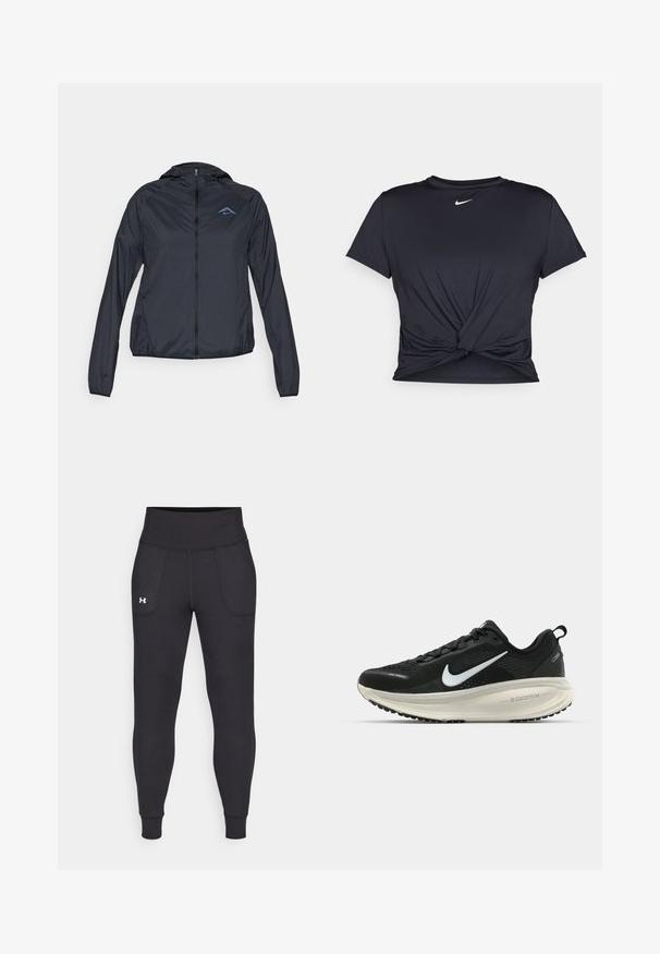 Lagani, tamnoplavi windbreaker s punim zatvaračem, kapuljačom i logotipom na gornjem lijevom dijelu prsiju. Glatka, vodoodbojna tkanina.; Crni trenirac s kratkim rukavima izrađen od glatkog materijala, s čvorastim dizajnom sprijeda i malim bijelim Nike logotipom na prsima.; Crne sportske tajice napravljene od rastezljivog materijala, sa visokim pojasom, bočnim džepovima i uskim manžetama na gležnjevima.; Crne Nike trkačke tenisice s prozračnom mrežastom gornjom konstrukcijom, bijelim swoosh logotipom, teksturiranim detaljima i kremastom ZoomX srednjom potplatnom jedinicom.