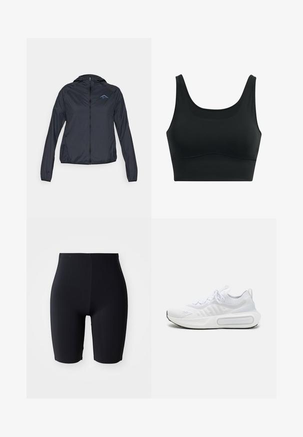 Gaišs, tumši zilas krāsas vējjaka ar pilnu rāvējslēdzēju, kapuci un logotipu kreisajā augšējā krūtī. Gluda, ūdensizturīga auduma.; Melnas sporta krūšturis, kas izgatavots no gludas auduma, ar ovālu izgriezumu, platām siksnām un bezšuvju dizainu ar izliekumu apakšmalā.; Melnas pieguļošas šortus, izgatavotus no gludas, elastīgas vielas. Tiem ir augsta josta un elegants, minimālisma dizains bez redzamām aizdarem.; Balti sporta apavi ar teksturētu adītu augšdaļu, saites slēgšanu, mīkstu zoli un izteiksmīgu zīmola detaļu sānos.