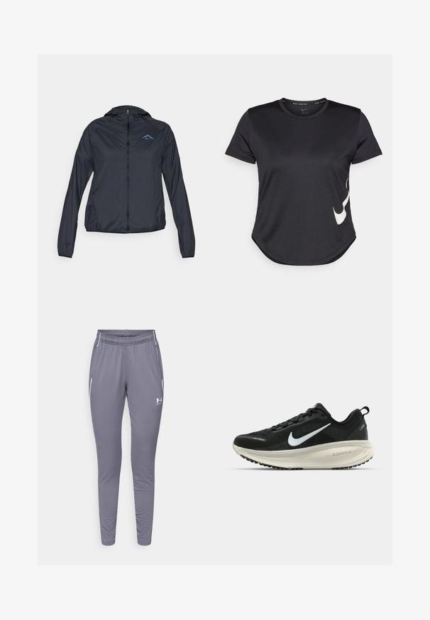 Lightweight, navy blue windbreaker jacket with a full zip, hood, and logo on the upper left chest. Smooth, water-resistant fabric.; Black athletic t-shirt with short sleeves, featuring a white Nike swoosh logo on the lower side and a rounded hem.; Gray athletic pants with a slim fit, made from smooth fabric. Features an elastic waistband and two side pockets with white accents.; Black Nike running shoe with breathable mesh upper, white swoosh logo, textured detailing, and a cream-colored ZoomX midsole.