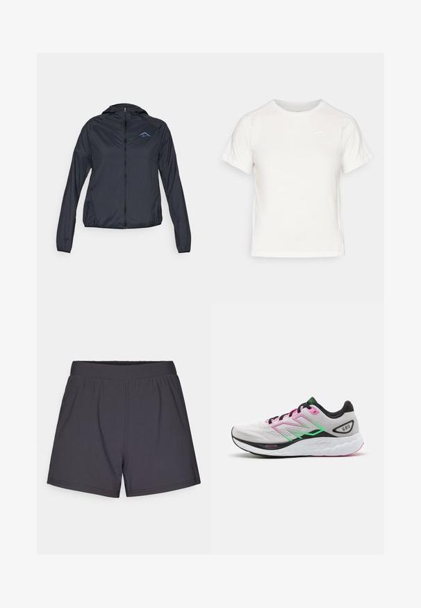 Cazadora ligera de color azul marino con cremallera completa, capucha y logo en la parte superior izquierda del pecho. Tejido suave y resistente al agua.; Camiseta blanca ligera con mangas cortas, cuello redondo y un pequeño logo en la esquina superior izquierda. Tejido suave con un sutil brillo.; Pantalones cortos deportivos negros hechos de un tejido ligero y elástico. Presentan una cinturilla elástica y un diseño simple y sin adornos.; Zapatilla de correr ligera con un upper gris, acentos en rosa y verde, y una suela blanca gruesa con patrones texturizados, etiquetada como "Fresh Foam".