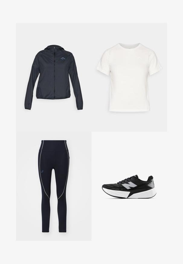 Lightweight, navy blue windbreaker jacket with a full zip, hood, and logo on the upper left chest. Smooth, water-resistant fabric.; Lightweight white T-shirt with short sleeves, round neck, and a small logo in the upper left corner. Smooth fabric with a subtle sheen.; Navy high-waisted leggings made of stretchy fabric, featuring green stitching details and an Asics logo on the left side.; Black and white New Balance running shoe with thick sole, mesh upper, and "N" logo on the side, viewed from the outer side.